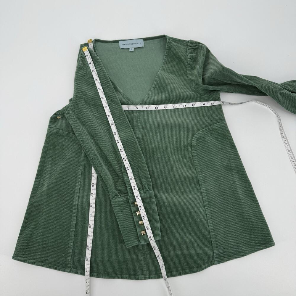 Tuckernuck Womens S Green Corduroy Tunic Top Puff Sleeve Gold Stud Cuff Babydoll - Picture 10 of 10